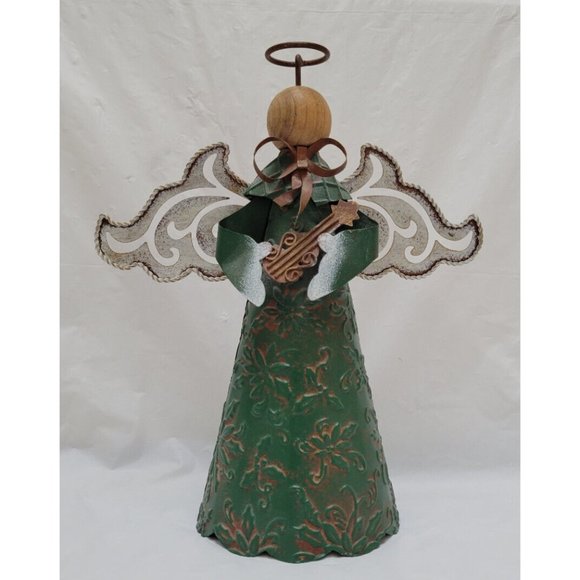 Metal Tin Angel (no face) Tree Topper Decor Wings, Instrument and Green Dress - Picture 1 of 8